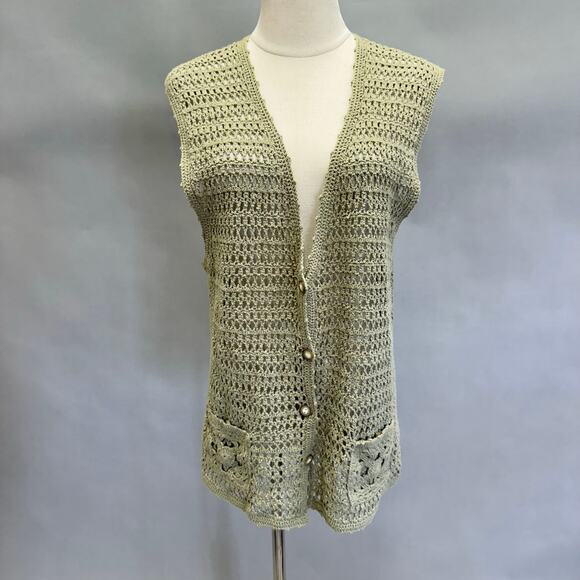 90s Koret crochet green sweater vest button up oversized boxy Size Medium - Picture 15 of 15